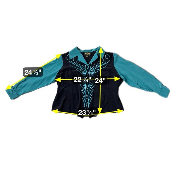 Vintage Bob Mackie Wearable Art Shirt Silk Western 90s Blouse Teal Black 1X READ - Picture 5 of 9